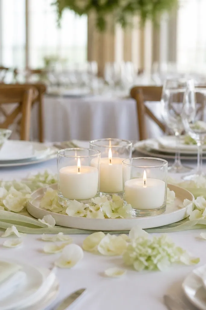 Three round pillar candles in white glass are grouped in the center of the table on a low tray. The candles are short, so the top sits below the guests' eye line. Around them are scattered white and pale green petals, with a matching low runner and simple place settings.