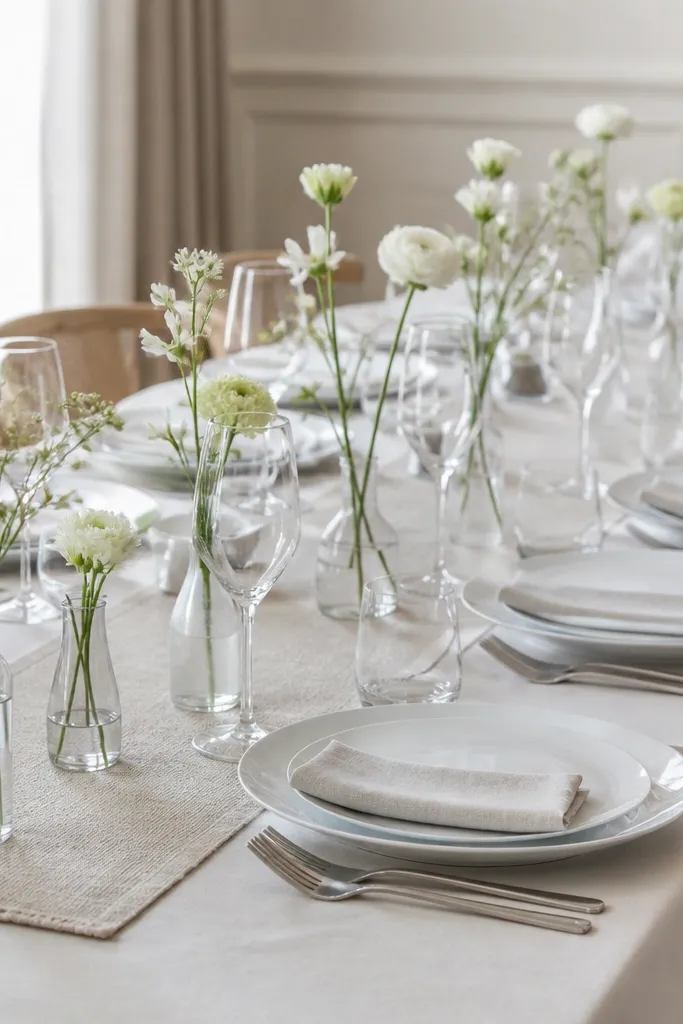 Small bud vases with one stem each are placed between every two place settings. The vases are slender and clear or frosted, and the flowers are pale white with a touch of green. The table has a neutral runner and white plates.