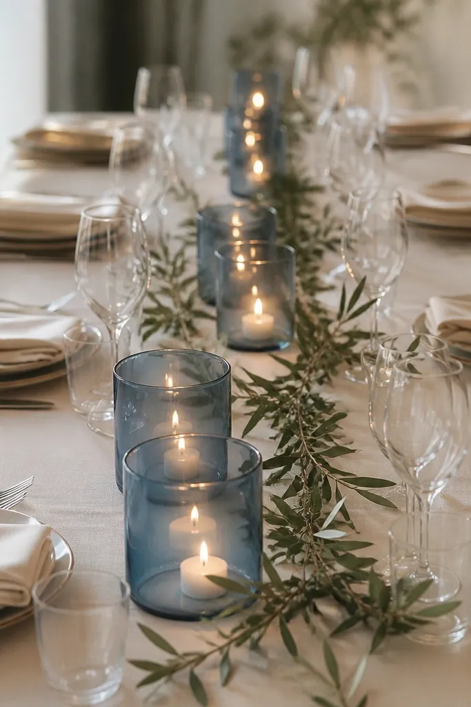 Clear glass votives have thin colored sleeves around them in a muted blue tone. The votives sit in a row along the centerline, with ivory napkins at each place setting. The sleeves catch light and tint the candle glow.