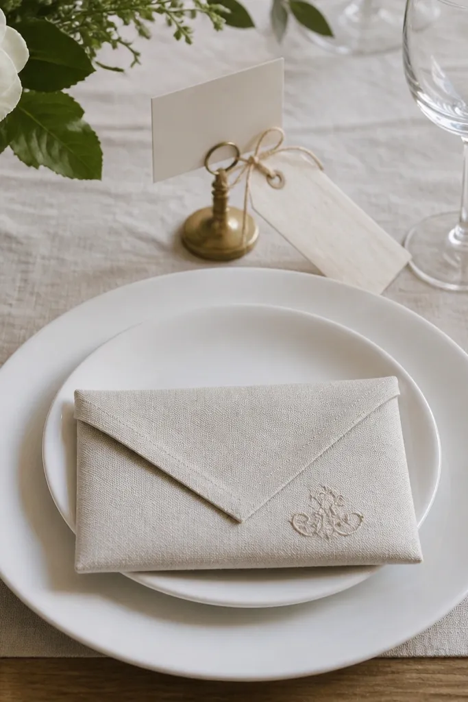 A linen napkin is folded into a neat envelope shape with a small embroidered monogram corner. A matching name tag is tied to the place card holder with the same thread color. The plates are white, and the table has a soft neutral runner.