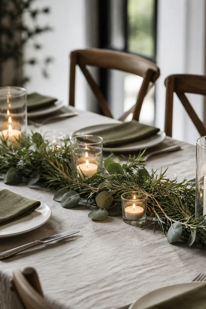A low mini garland of rosemary and eucalyptus runs across the table center between candle clusters. The leaves are glossy, and there are small clear votives spaced along the greenery. Place settings are simple with white plates and olive-toned napkins.