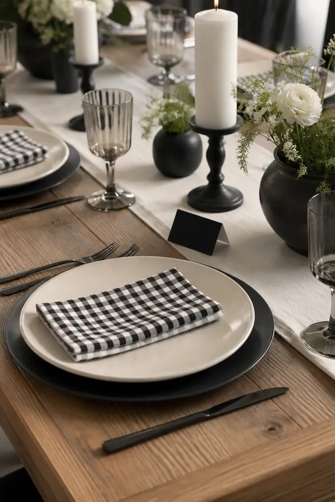 Cream dinner plates sit on simple chargers. Each napkin is folded with a black-and-white gingham pattern facing up, and the napkin fold creates a crisp edge. The table runner is plain ivory, and there are small black ink place cards.