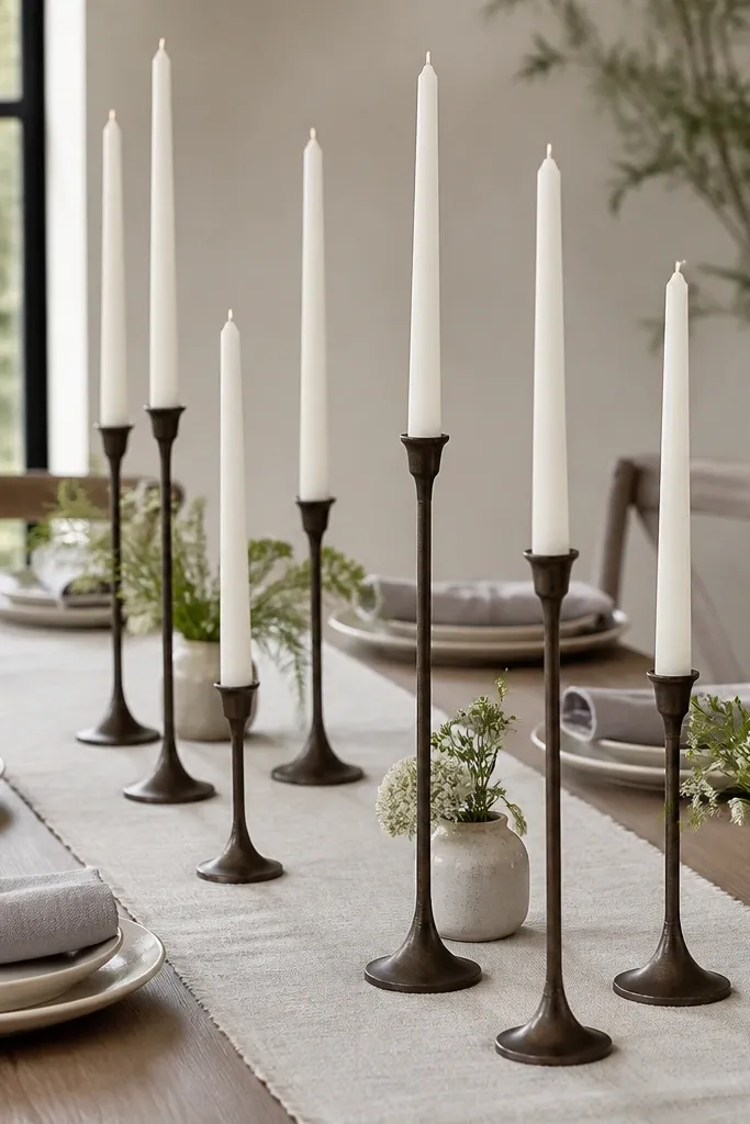 Tall white taper candles sit in staggered metal holders along the center. The holders are different heights, creating a gentle zig-zag rhythm. The table has white plates, soft gray napkins, and a simple linen runner.