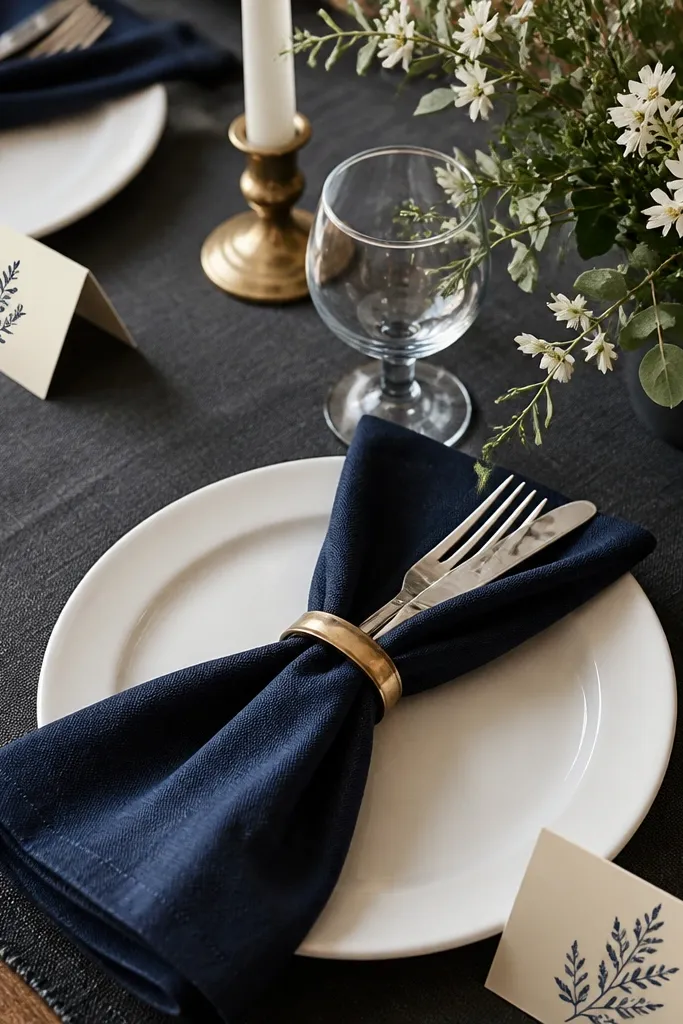 Navy linen napkins are folded and secured with small brass rings around the napkin and partly around the cutlery. The plates are white, and the table runner is a dark neutral fabric. Place cards are cream cardstock with navy ink.