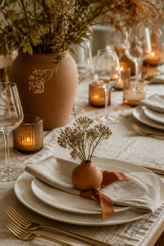Oatmeal-colored linen napkins sit on white plates. Terracotta-colored small bud vases or terracotta ribbon accents appear at each setting. The table runner is beige, and there are warm-toned candles in amber glass.
