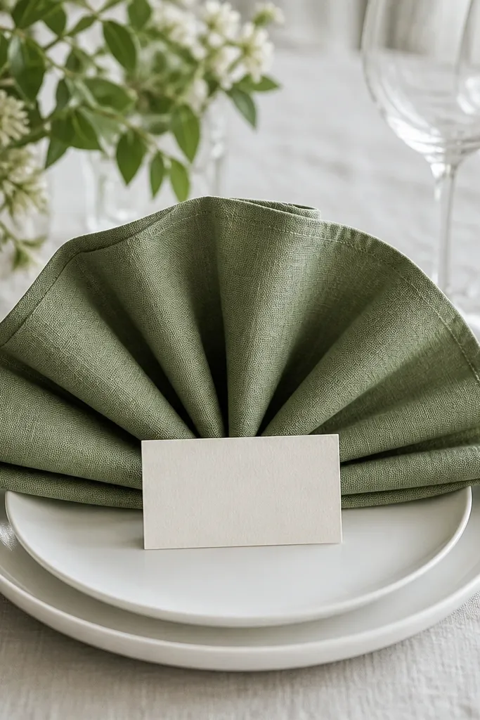 A fan-shaped linen napkin sits centered on a plate, and a small place card is tucked under the fan fold so it stands upright. The napkin color is a muted green, and the table has white plates and clear glassware.