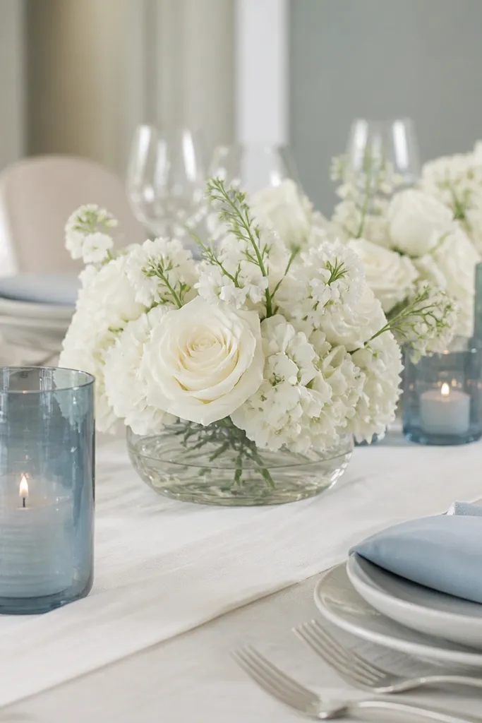 Low clear bowls filled with white florals sit in the center. Around them are candle glasses tinted a muted blue. The table runner is white or very light, and napkins are also light blue.