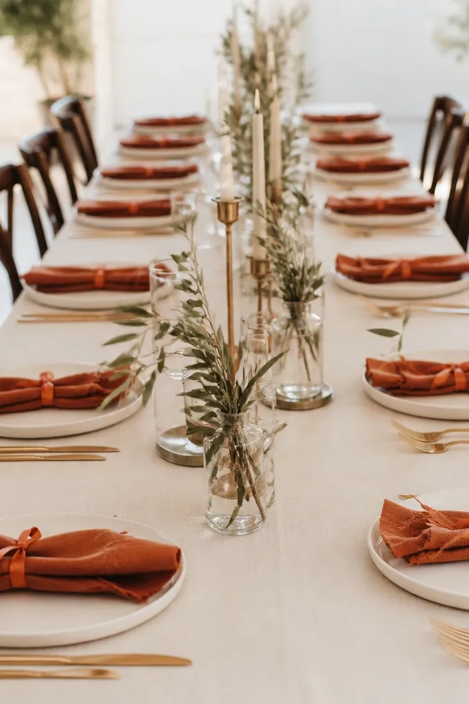 A long wedding table with creamy ivory linen cloth. Each place setting has a matte off-white dinner plate and a terracotta napkin tied with a thin satin ribbon in the same terracotta shade. Brass flatware and small bud vases with olive branches sit down the center.