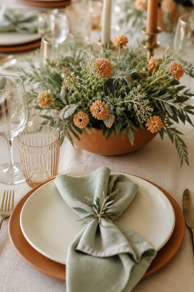 Place settings show a layered look: a warm cream plate sits on top of a terracotta charger. Napkins are dusty sage with a soft fold, and the cutlery is antique gold. The centerpiece is a low arrangement of sage and small peach-orange blooms in a terracotta-toned ceramic bowl.