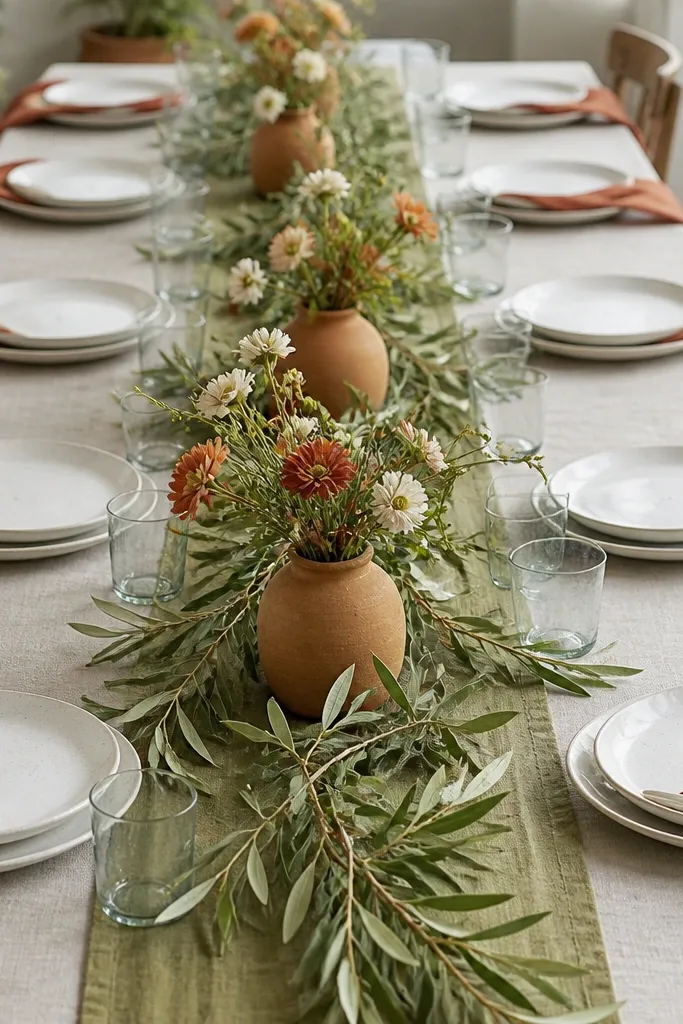 A long table has a narrow olive runner down the center with terracotta napkins at each place. Plates are white with a soft speckle finish. The centerpiece is a row of olive branches and terracotta terry-like clay jars holding small white and muted orange flowers.