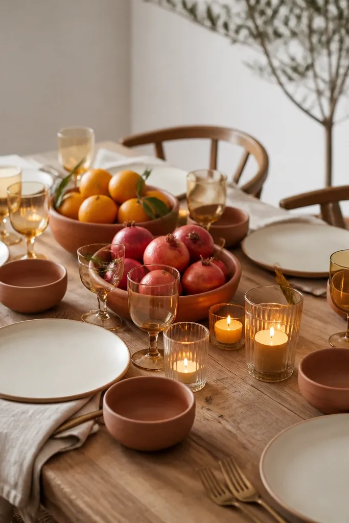 Each place setting has a matte cream plate with a terracotta clay bowl nearby. Napkins are warm oatmeal, and the centerpiece uses terracotta bowls filled with oranges and pomegranates plus small candles in glass holders.