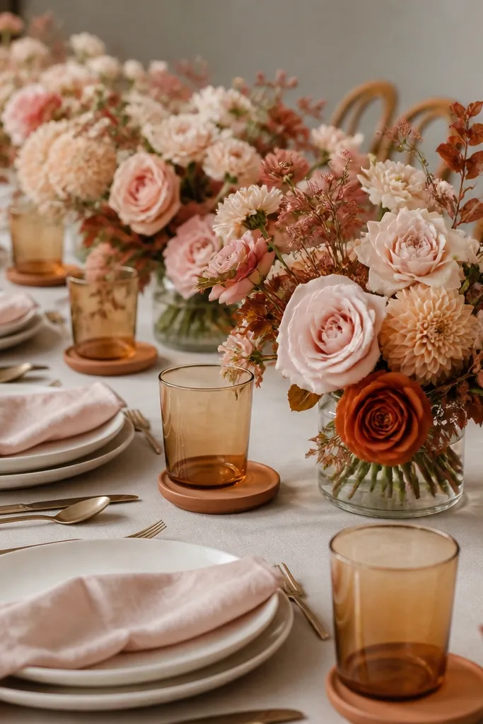 A row of low glass cylinders runs down the center with blush and terracotta-toned flowers. Napkins are pale blush linen, and plates are matte ivory. The table has terracotta ceramic coasters and warm amber glassware.