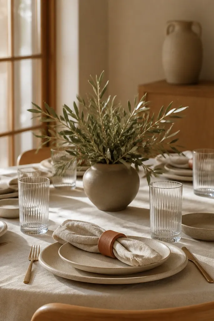 Each setting has matte stoneware plates in warm off-white and taupe. Napkins are folded and held by terracotta-colored ceramic rings. The centerpiece is a short arrangement in a taupe vase with olive leaves.