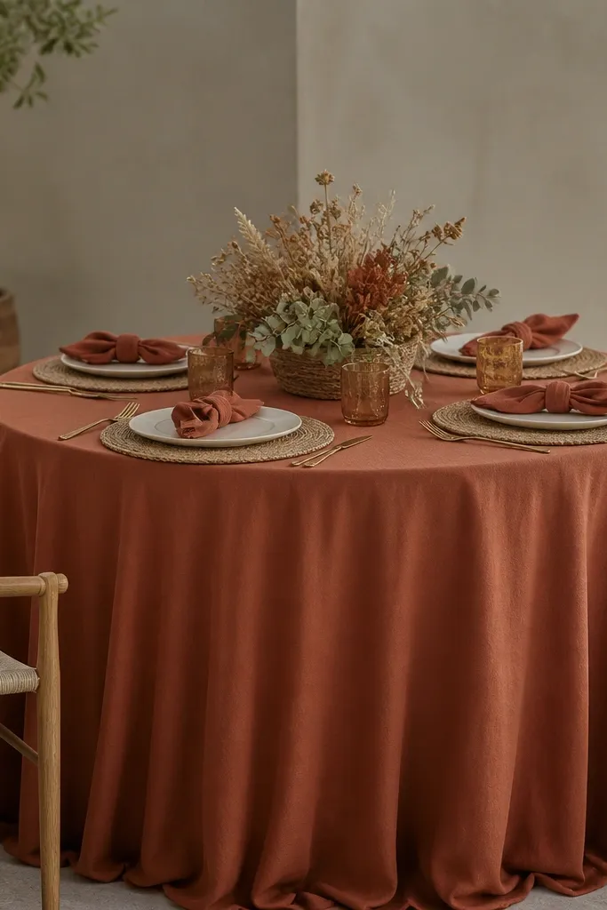 A terracotta table skirt drops to the floor. On top are woven placemats in natural jute, each with a cream plate and a terracotta napkin. The centerpiece uses a low basket with dried florals and sage leaves.