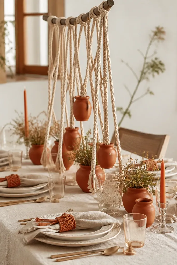 A boho table has beige linen with terracotta macrame-style napkin ties. The plates are cream with a subtle pattern. The centerpiece uses a hanging macrame loop over the table with small terracotta jars.