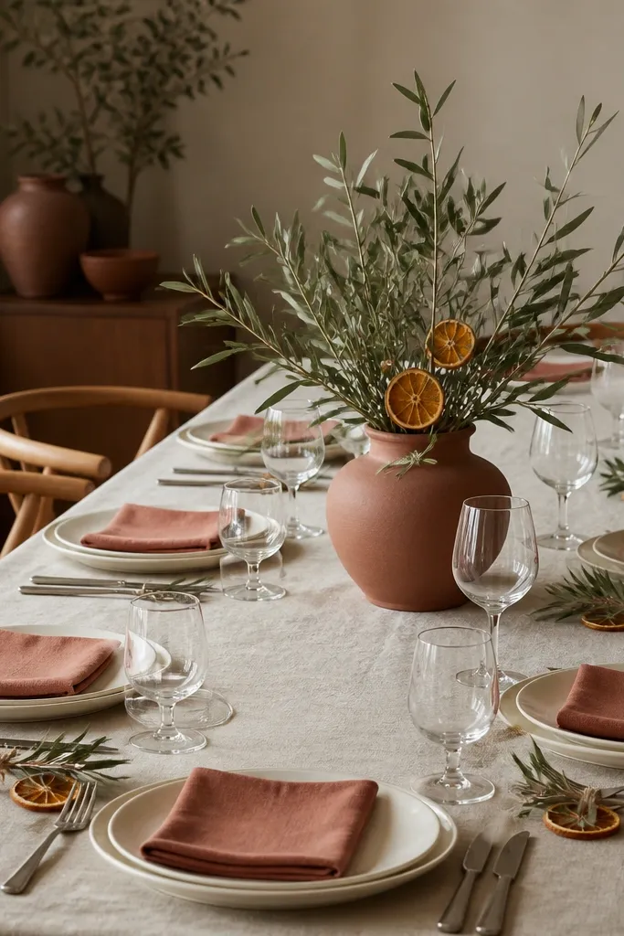 Each seat has a cream plate and a terracotta napkin, plus a small sprig tied to a dried orange slice placed near the fork. The centerpiece is a terracotta vase with olive and dried orange halves.
