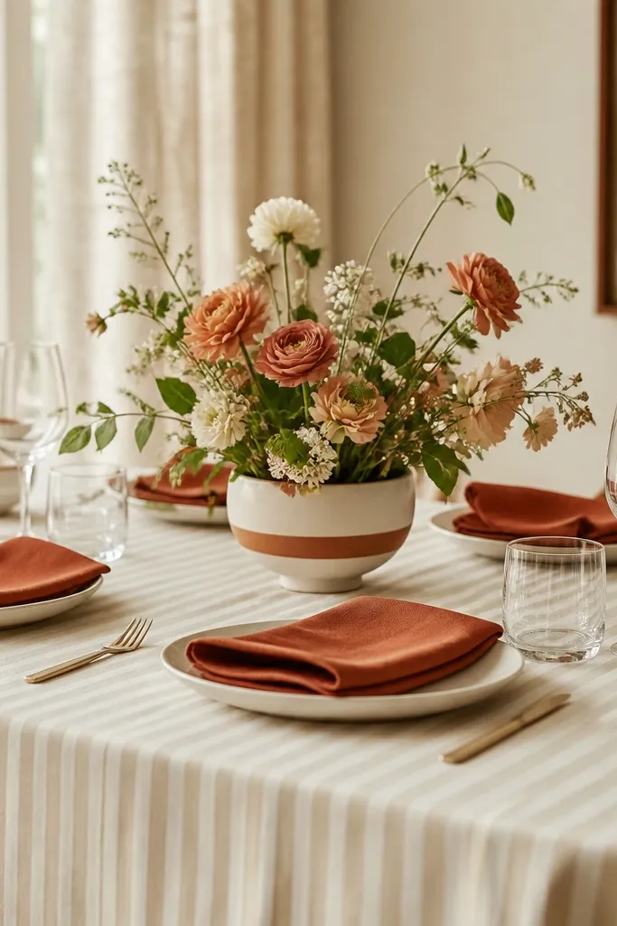 A striped white and cream tablecloth covers the table. Napkins are terracotta with a simple fold. Plates are plain cream, and the centerpiece is a low floral arrangement in a white ceramic pot with terracotta accents.