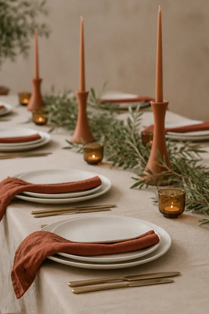 The table has cream linen and matte white plates. Each place has a terracotta napkin and a small amber glass votive near the center. Tall terracotta candlesticks line the middle with low greenery between.