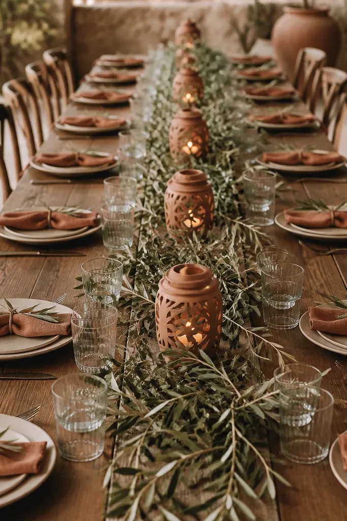 The center of the table has an olive branch runner with scattered terracotta lanterns. Each place has a terracotta napkin and cream plate. The lanterns are small, warm-toned, and spaced evenly along the middle.