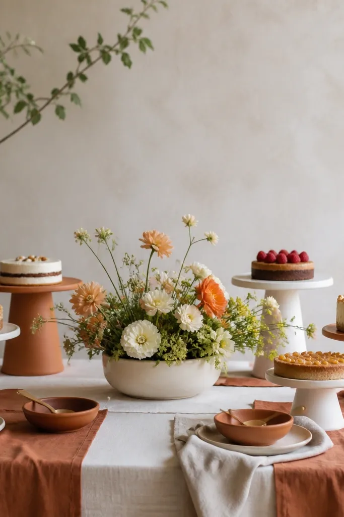 A dessert service table has terracotta runners, cream plates, and small terracotta bowls for spoons. There are terracotta and white mini stands with cakes, and the center has a low floral arrangement in a cream ceramic bowl.