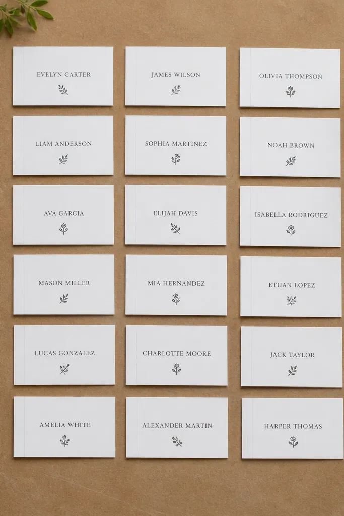 A flat-lay photo of 18 white place cards on a craft table. Each card has the same neat alignment: a 1-inch left margin, centered names, and a tiny icon at the bottom. A clear acrylic ruler sits beside the cards, with a pencil guide line visible on one card.