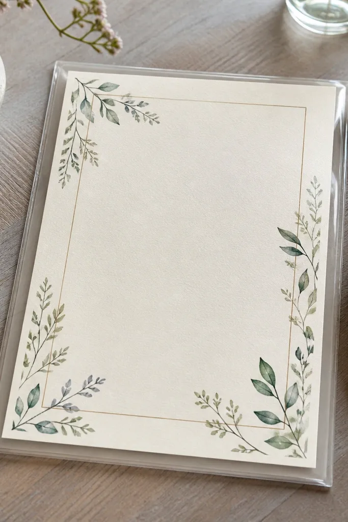 A dining menu made from thick cream cardstock inside a clear plastic sleeve. The sleeve is taped to a small backing board so it stays flat on a table. The menu has neat typography and a small watercolor-style border.