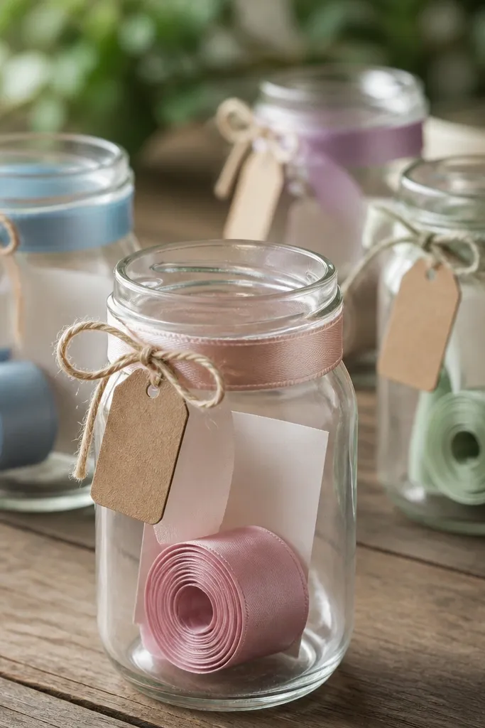 Clear glass jars wrapped in satin ribbon. Inside each jar is a rolled ribbon scroll holding a name card. A small tag is tied to the jar with twine, and the jar sits on a wooden table.