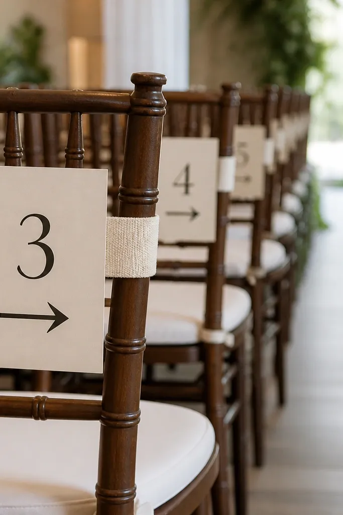 Small cardstock aisle marker signs attached to chair backs with wide fabric Velcro straps. The signs have a simple arrow and a number, printed in black on cream paper.