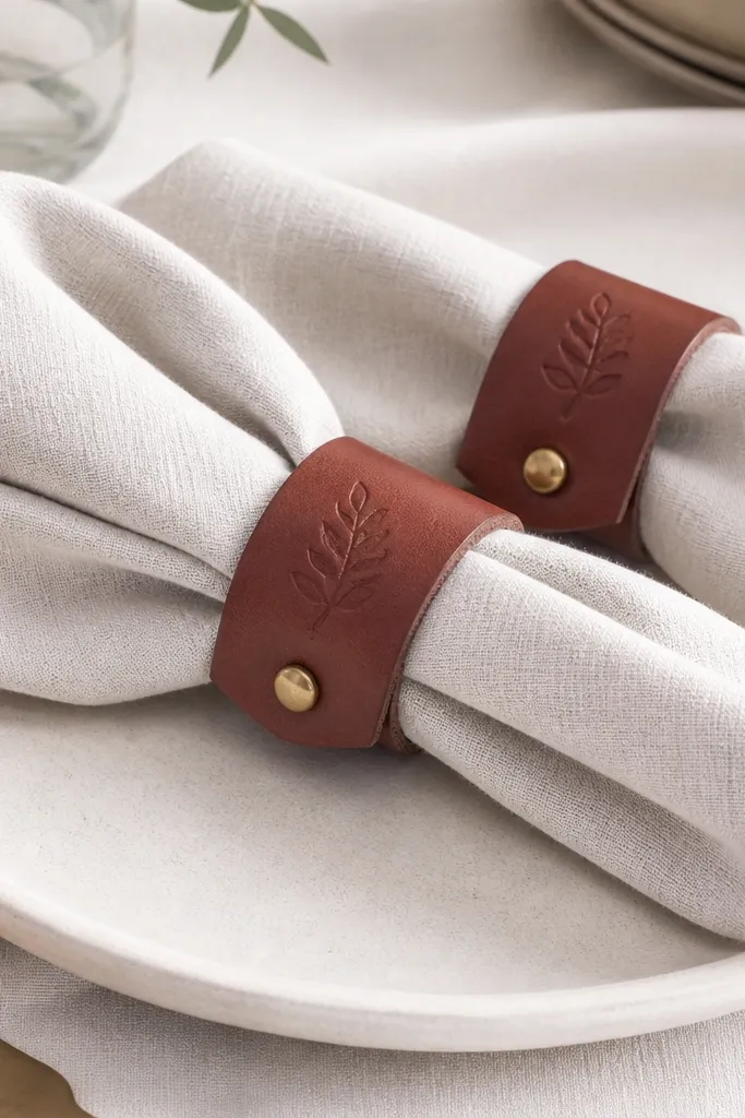 Leather napkin rings with a small metal snap closure. The leather is cut into short circles and stamped with a simple monogram. They sit on folded linen napkins in a soft neutral table setting.