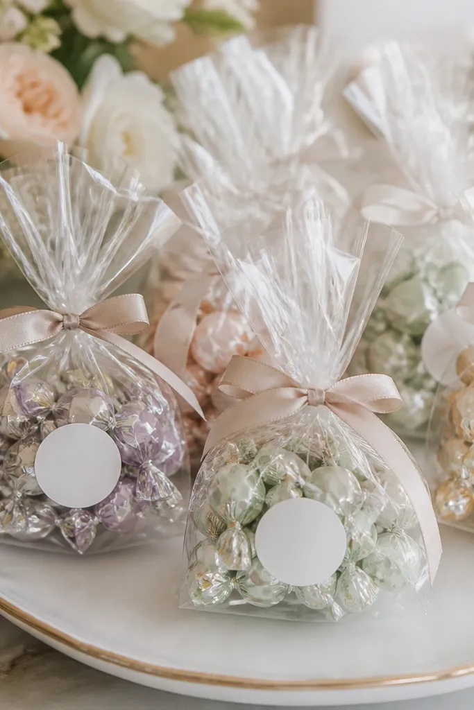 Small clear cellophane bags tied with ribbon, each bag holding individually wrapped candy. The bags are sealed with a twist and a small label sticker. The candy colors are coordinated with the wedding palette.