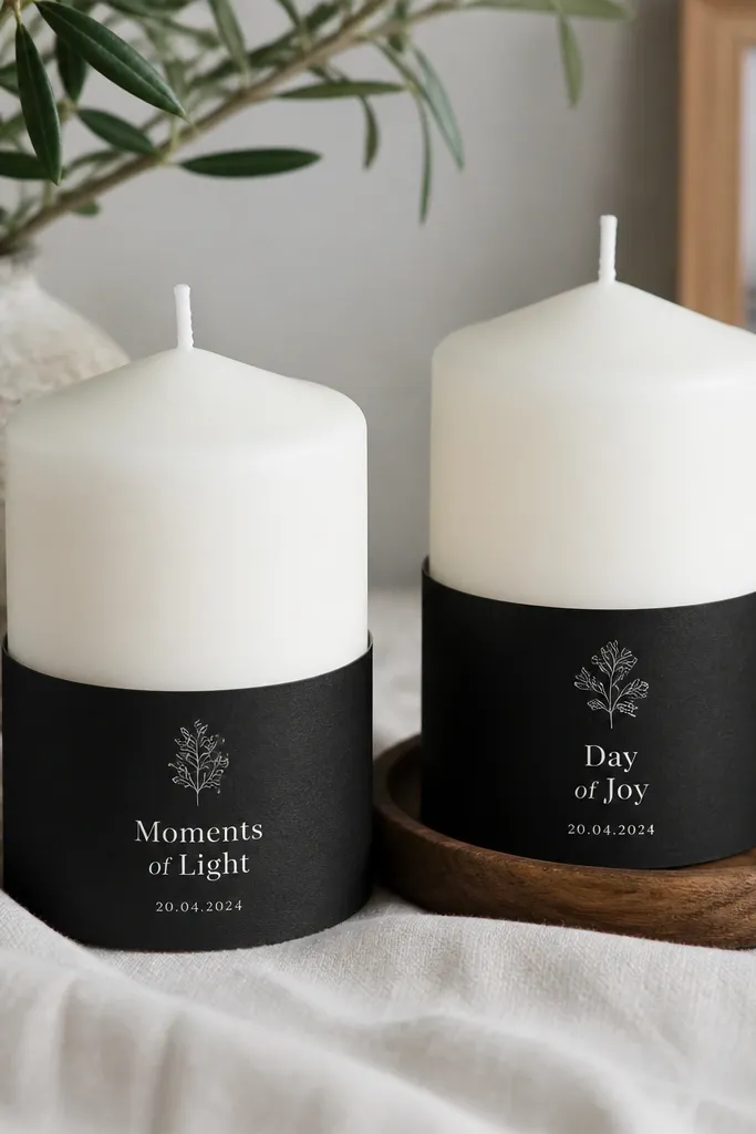 Two white pillar candles with black label sleeves around their bases. Each sleeve has printed text and a small date. The sleeve is removable so the candle can be packed and carried without smearing ink.