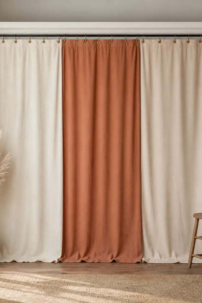A DIY backdrop with fabric panels and a clean top rail. The fabric is hung with grommet clips that attach to a tension rod. The corners have neat folds, and the clips are visible and evenly spaced.