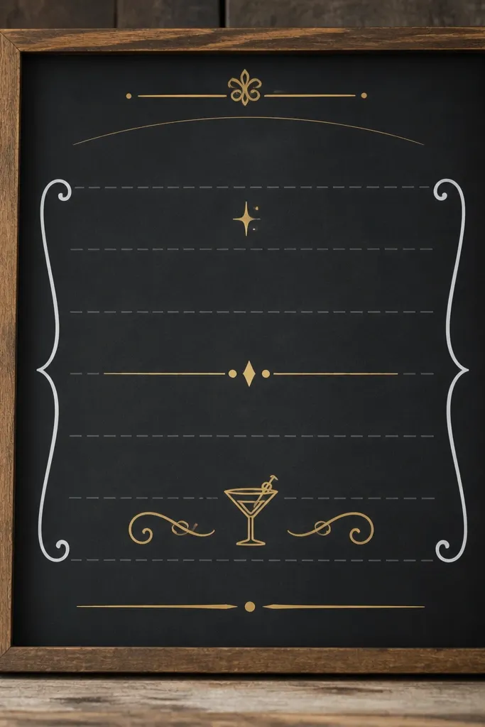 A bar sign with a chalkboard-style background. The words are crisp vinyl lettering in white and gold. Behind the vinyl, a faint printed guideline shows where each line sits.