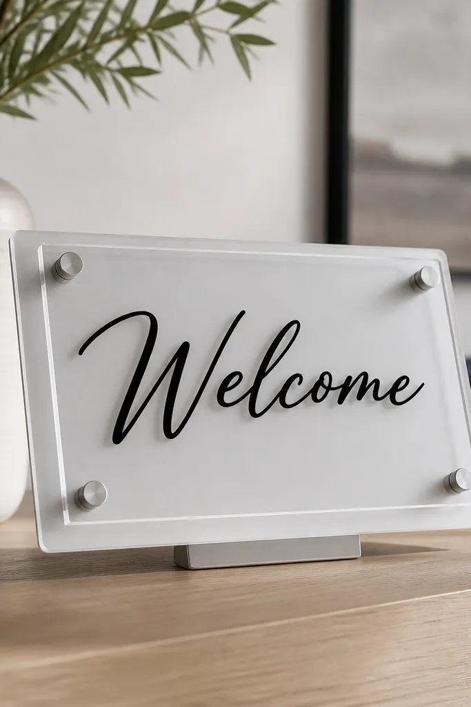 A welcome sign made from layered clear and frosted acrylic. The top layer has cut vinyl words, and it sits slightly above the base with metal standoff mounts. The sign is mounted on a small stand.