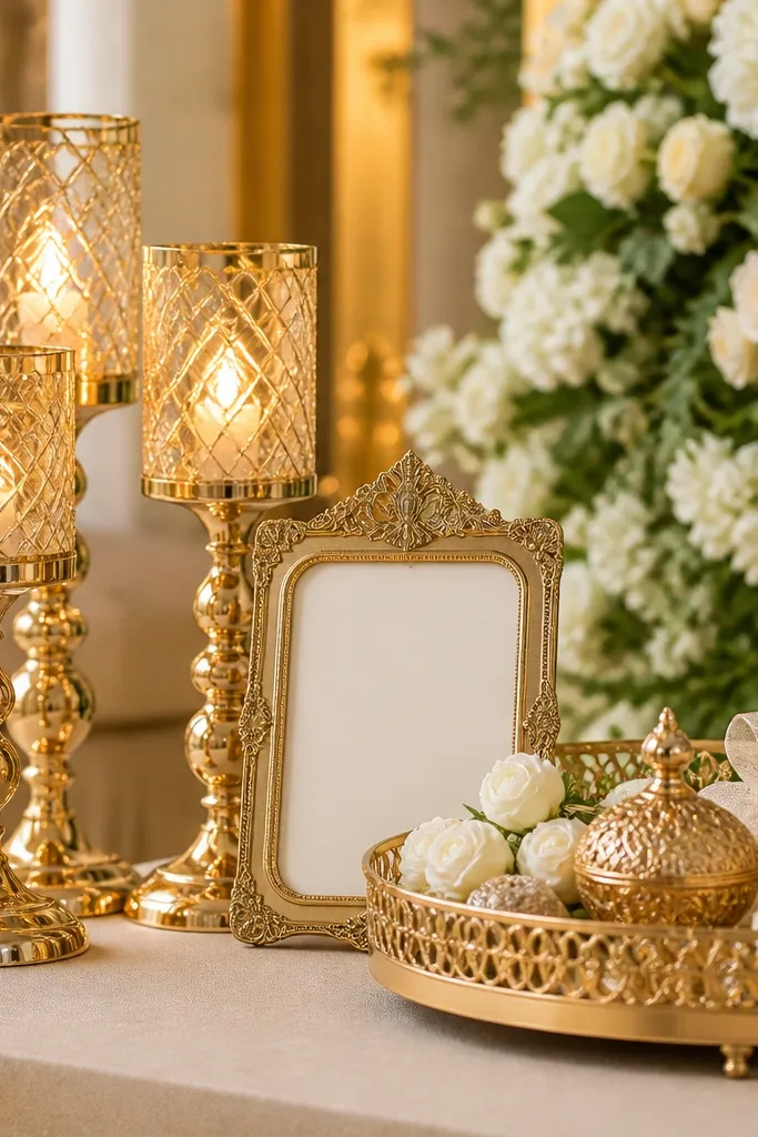 A wedding stage close-up where candle holders, a small sign frame, and a couple's accessory tray all use the same warm gold finish. No silver pieces appear in the frame; everything reflects light similarly.