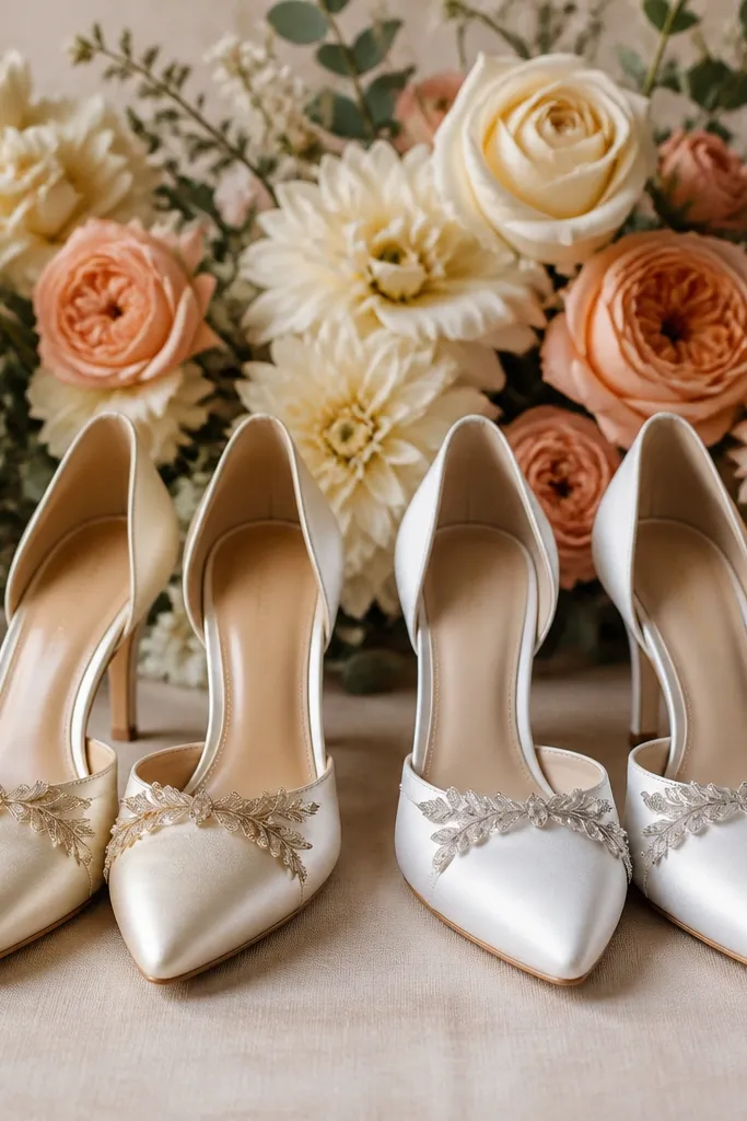 Two pairs of wedding shoes displayed side-by-side: one in warm ivory satin with gold undertones and one in cool white satin with silver undertones. Behind them is a floral palette shown in warm cream and deep peach tones.