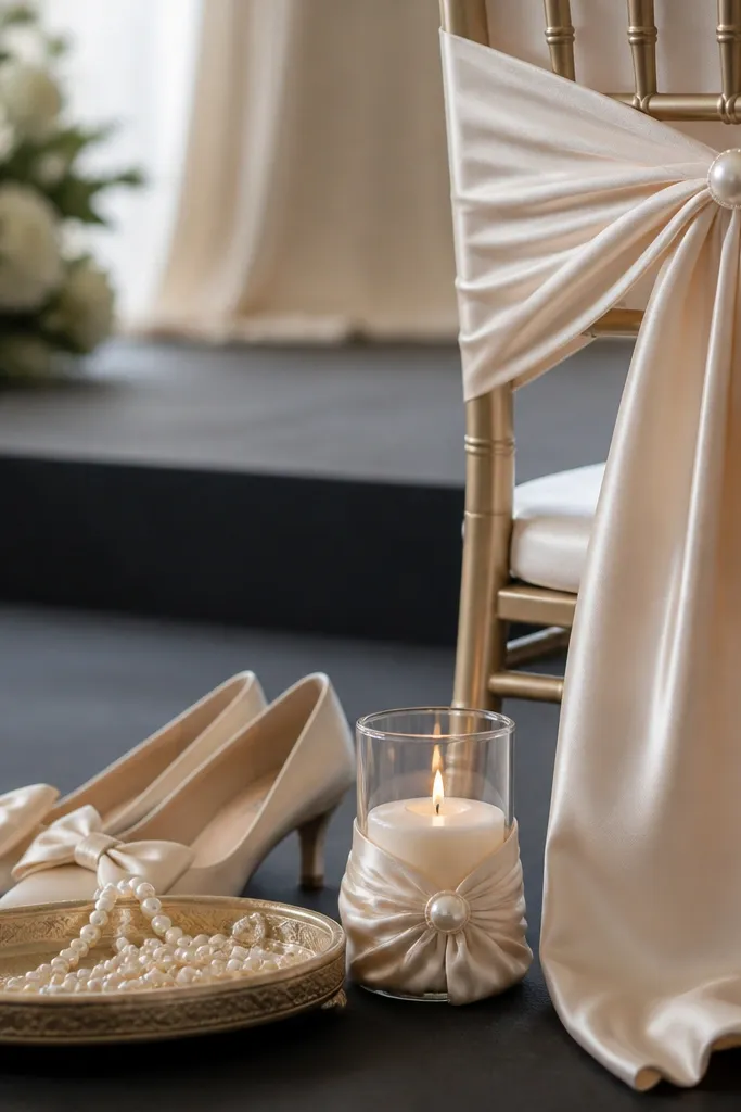 A stage detail shot with pearl strands draped on a small tray beside satin shoe bows. The same texture appears on a chair sash and a candle wick cover.