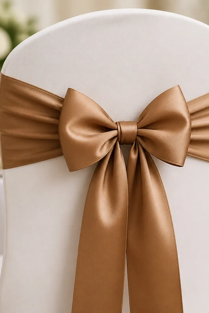 A stage chair sash with a crisp satin bow tied to a tight loop, showing clean edges. The ribbon looks smooth and holds shape rather than curling.
