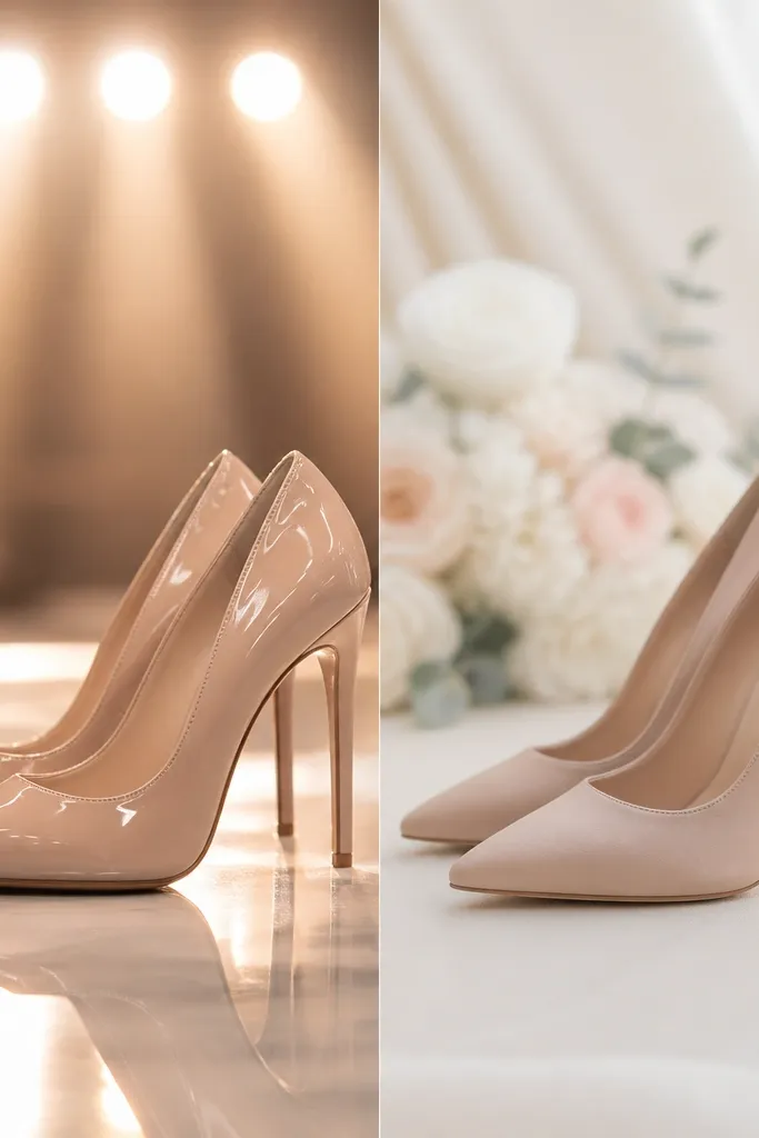 A side-by-side comparison: one pair of shoes with patent leather shine placed under bright stage lights, and another pair in matte satin. The matte pair looks cleaner in photos.