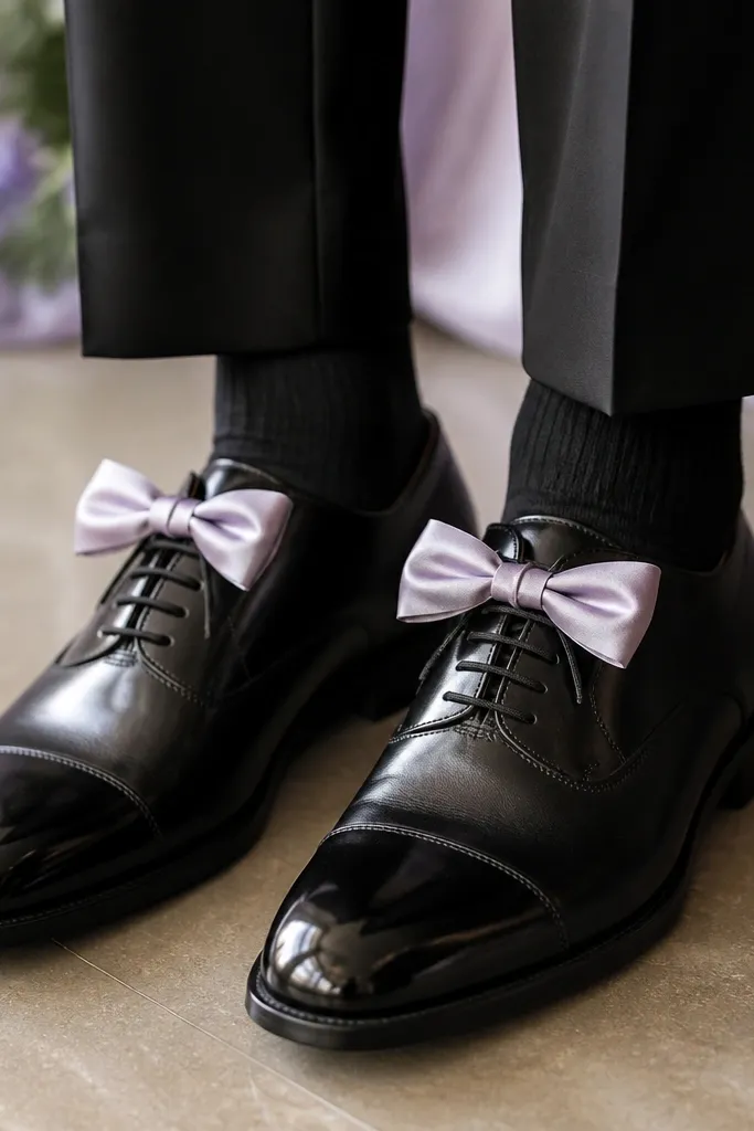A close-up of groom's shoes with a small removable bow or ribbon tie in the same satin as the stage chair bows. The bow is centered at the lace-up area.