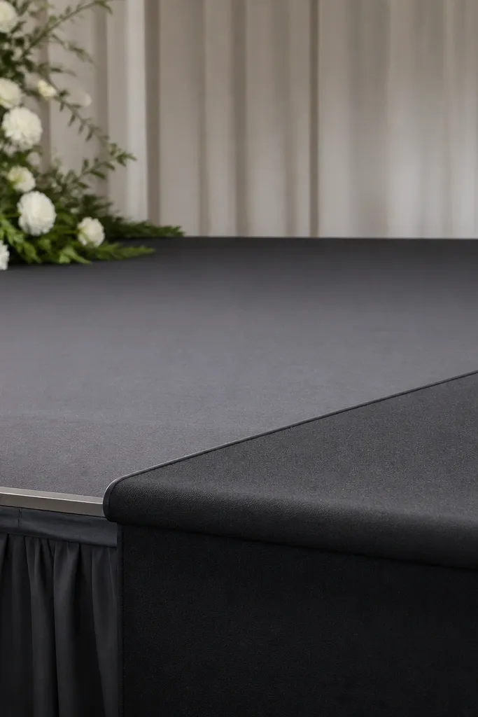 A stage floor covered with a grippy, matte fabric and a low runner. The surface looks smooth and controlled, with no slippery plastic sheen.