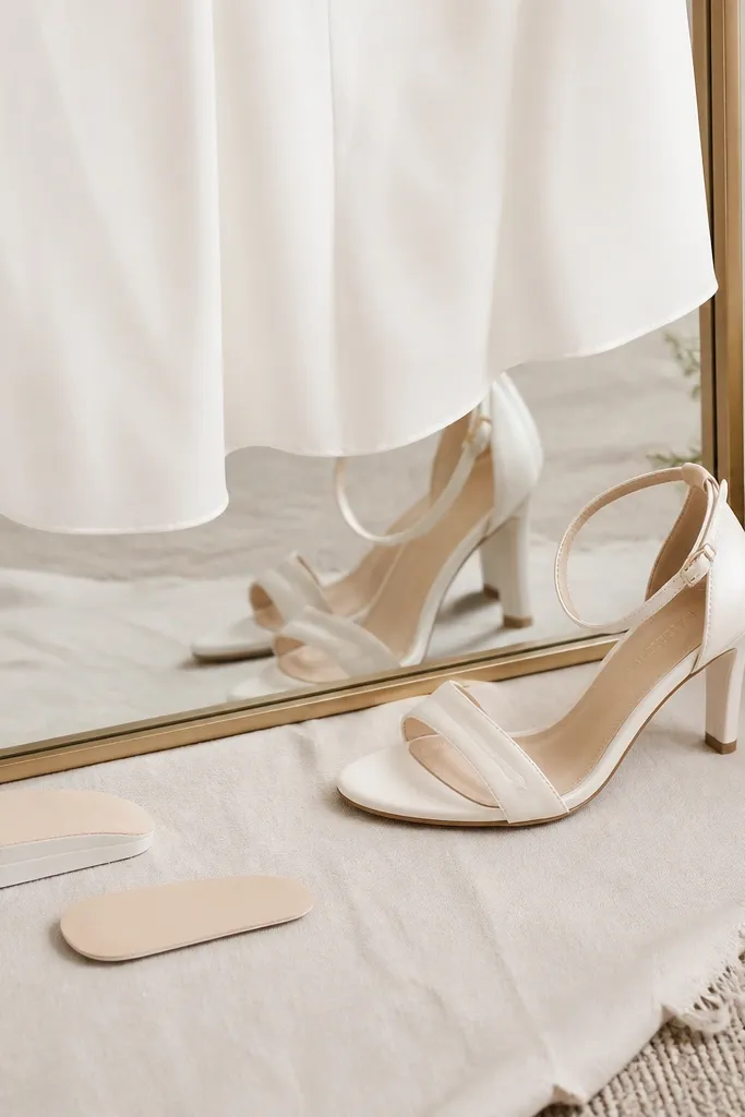 A styled flat-lay of bridal shoes showing insole thickness and a hemline test near a mirror. The shoes sit under a piece of fabric with the right drop length.