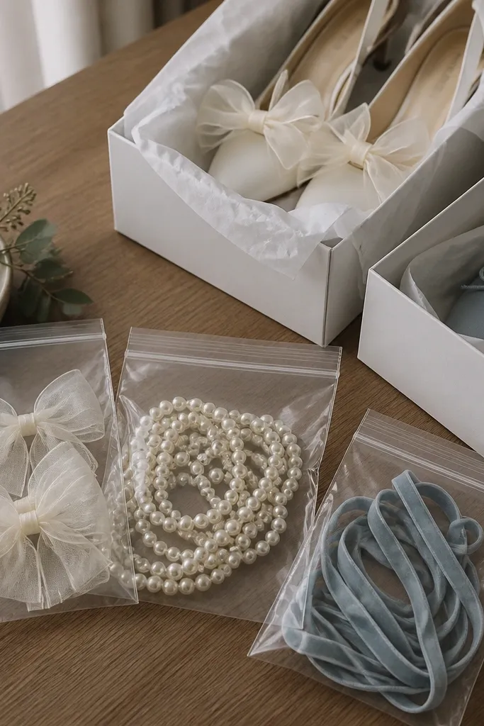 A set-up table with labeled zip bags: one for shoe bows, one for pearl strands, one for ribbon ties. Shoes are placed in separate boxes with tissue to protect finish.