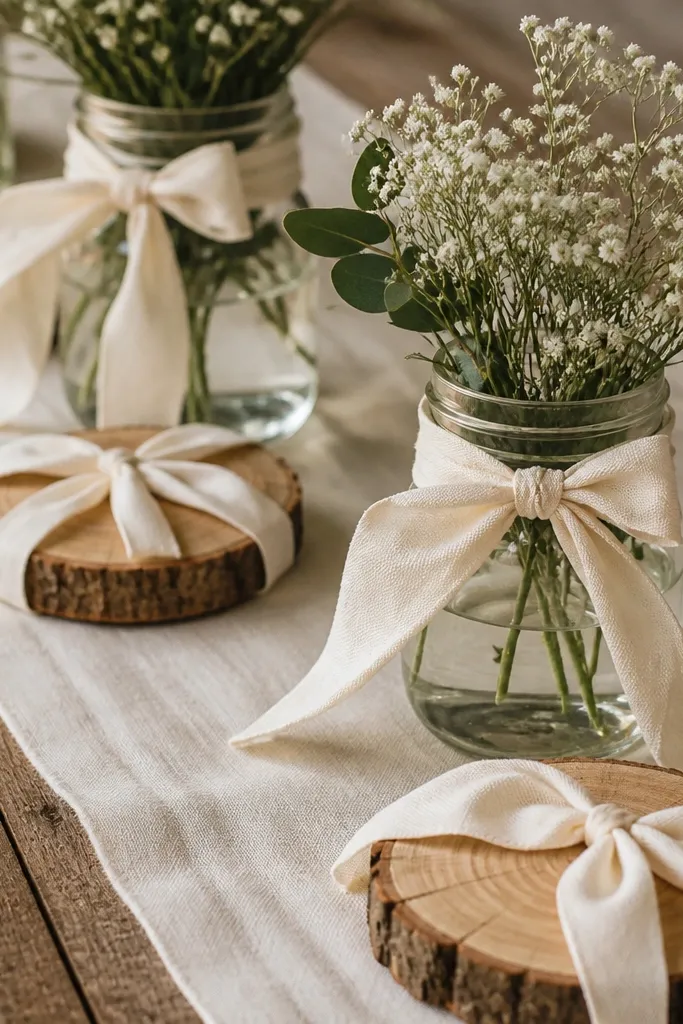 A close-up of a rustic table runner where mason jars and small wood slices are wrapped with pale cream cotton-linen ties instead of burlap ribbon; the fabric looks soft and slightly matte, with clean knots at the jar necks.