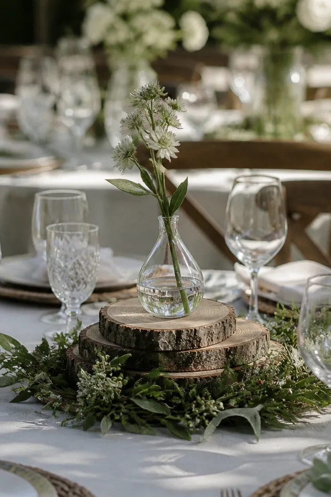 Each table cluster includes a clear glass bud vase with a single stem, surrounded by wood slices and greenery; the glass catches light.