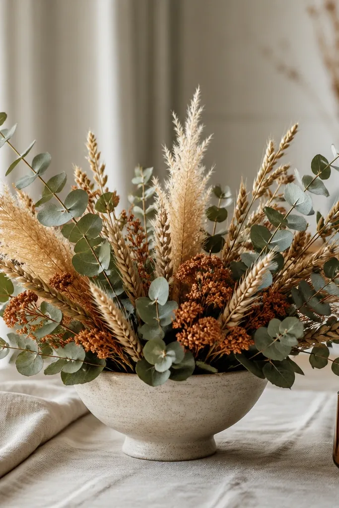 A centerpiece with dried eucalyptus, wheat-like grasses, and small rust-toned blooms in a controlled palette; the stems look consistent in size and shape.