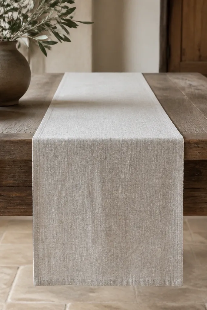A long linen table runner centered on a rustic table, with even overhang on both sides; the fabric hangs straight and doesn't bunch.