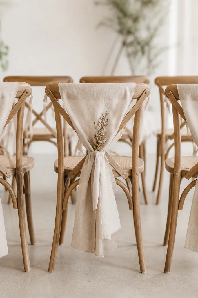 A row of chairs where only the front-facing chairs have linen ties and a small dried sprig; the back chairs are simpler.