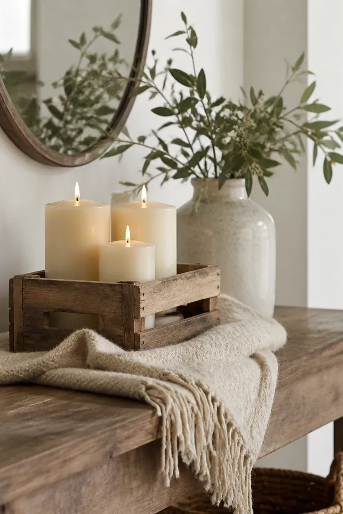 A rustic entry table where a beige wool throw sits under a wooden crate and candles; the throw adds soft texture without hiding the items.