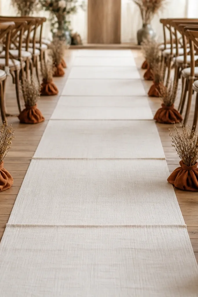 An aisle runner made of off-white linen strips laid smoothly down the center, with small rust-toned fabric bundles and dried sprigs at intervals.
